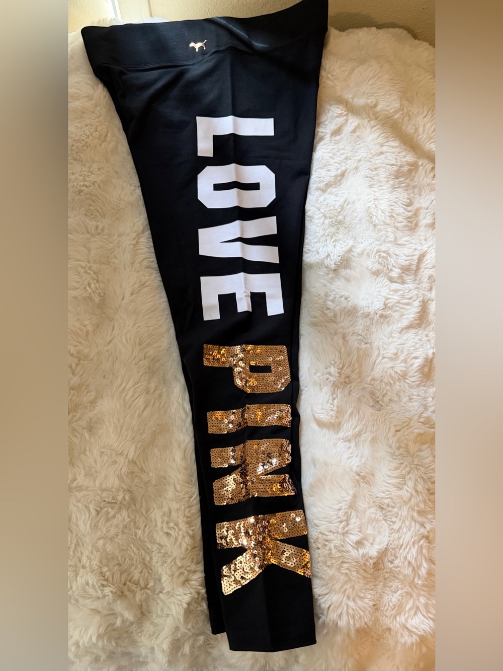 PINK Victoria's Secret Black Yoga Leggings with White LOVE and Gold Sequin PINK